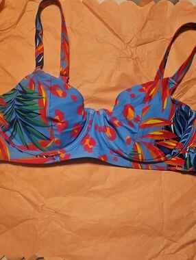 Blue Tropical Print Underwire Bikini Top
